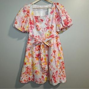 ELIZA J Floral Eyelet Square Neckline Puff Sleeve Mini Pink Dress Size 2